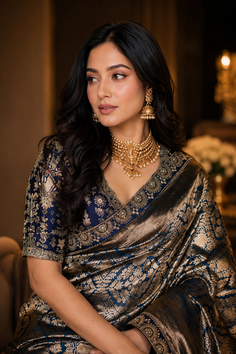 Midnight Pure Katan Silk Banarasi Handloom Saree - Brocade Tanchui