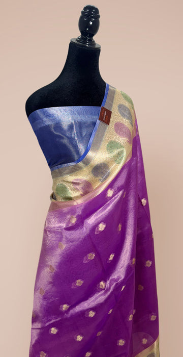 Lavender Pure Banarasi Tissue Handloom Saree - Hand filled Meenakari