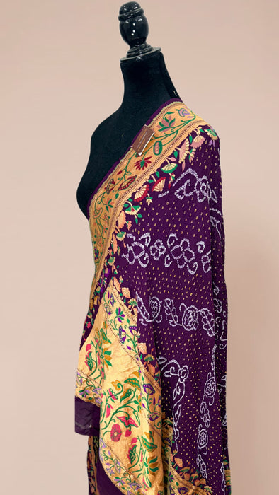 Wine Pure Georgette Bandhani Banarasi Handloom Dupatta