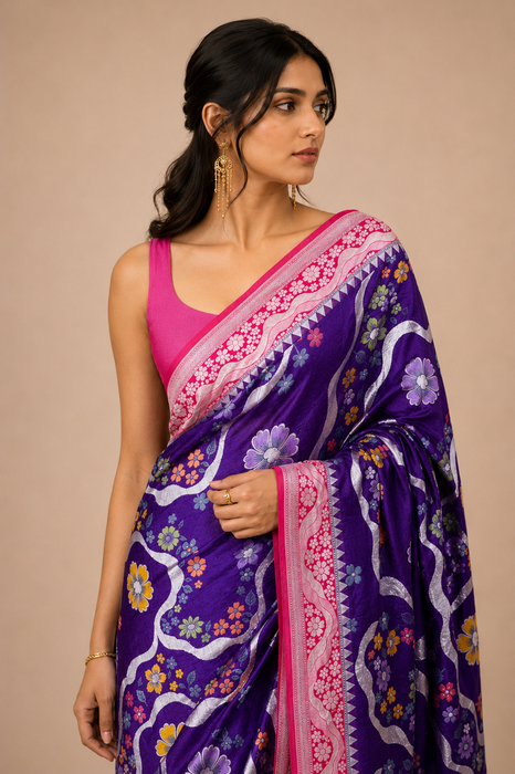 Purple and Pink Pure Tussar Georgette Banarasi Handloom Saree - Designer Meenakari
