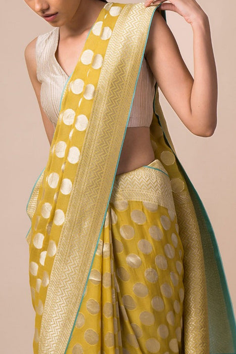 Yellow Pure Khaddi Georgette Banarasi Saree - Water zari