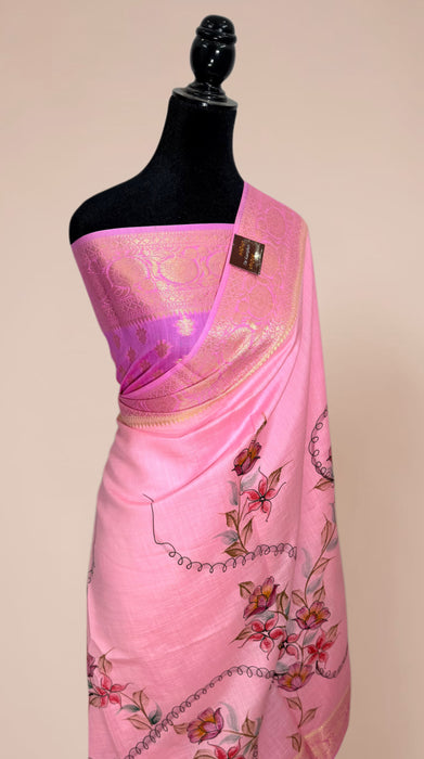 Pink Pure Silk Banarasi Handloom Saree - Hand Painted