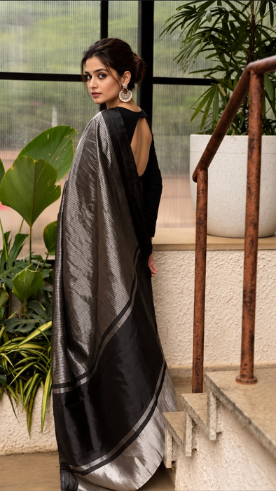 Black Pure Banarasi Tissue Handloom Saree - Designer Satin Border