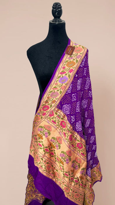 Purple Pure Georgette Bandhani Banarasi Handloom Dupatta