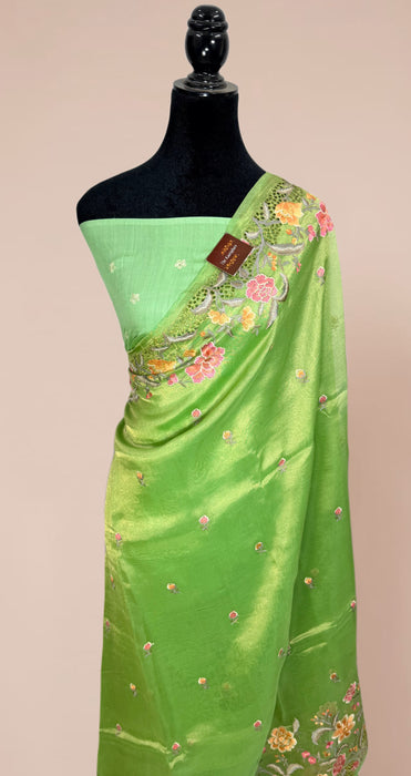 Green Pure Tissue Banarasi Handloom Saree - Chikankari
