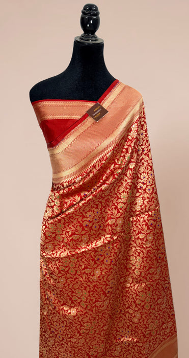 Red Pure Katan Banarasi Handloom Saree - Tilfi Meenakari Brocade Work