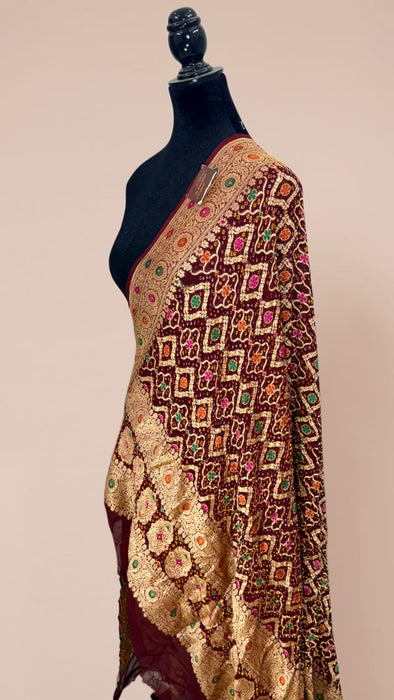 Brown Pure Georgette Bandhani Banarasi Handloom Dupatta