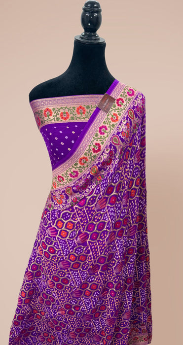 Handwoven Pure Georgette Bandhani Banarasi Saree - Meenakari Work
