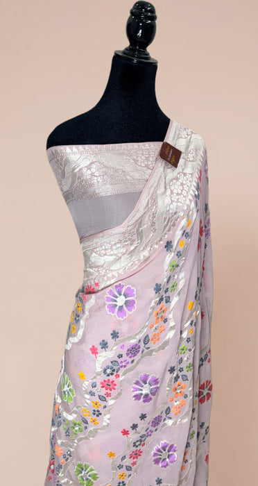Light lavender Khaddi Georgette Banarasi Handloom Saree - Meenakari