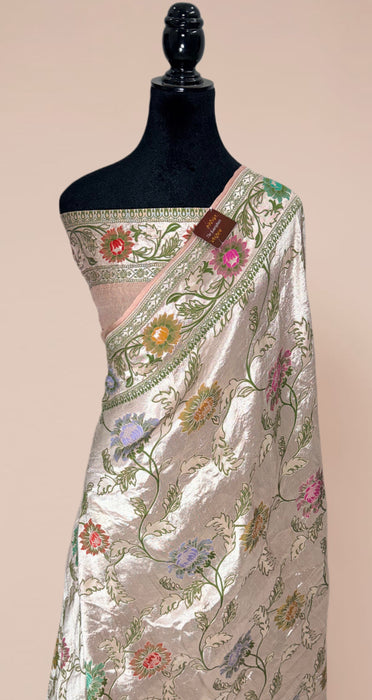 Light Peach Pure Tussar Georgette Banarasi Handloom Saree - Brocade Meenakari