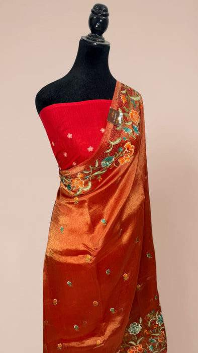 Red Pure Tissue Banarasi Handloom Saree - Chikankari