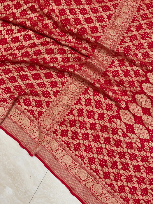 Red Pure Khaddi Georgette Bandhani Banarasi Saree