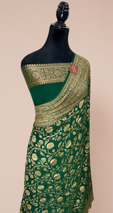 Bottle Green Khaddi Georgette Banarasi Handloom Saree - Antique Zari