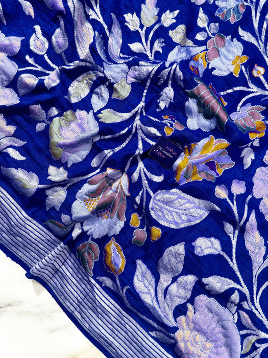 Royal Blue Pure Tussar Georgette Banarasi Handloom Saree - Designer Meenakari