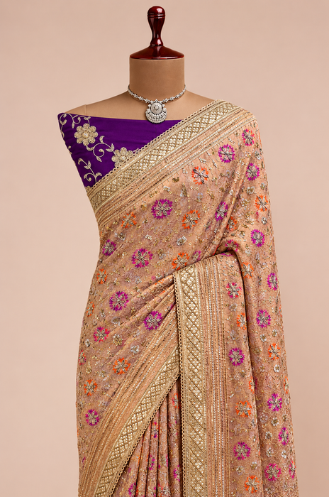 Off white Pure Katan Banarasi Handloom Saree - All over Zardozi