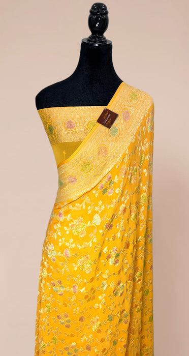 Yellow Pure Khaddi Georgette Banarasi Handloom Saree - Hand Filled Meenakari
