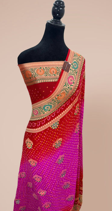 Handwoven Pure Georgette Bandhani Banarasi Saree - Meenakari Work