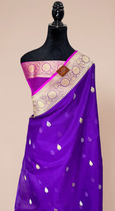 Purple Pure Kora Banarasi Handloom Saree - Sona Roopa Motifs
