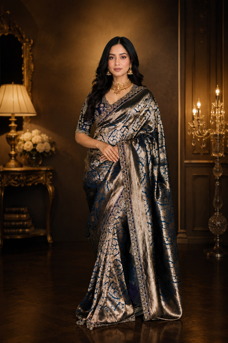Midnight Pure Katan Silk Banarasi Handloom Saree - Brocade Tanchui