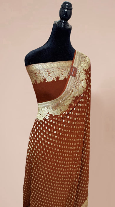 Persian Brown Khaddi Georgette Banarasi Handloom Saree - Water Zari