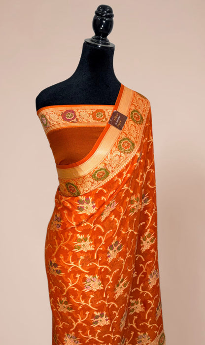 Orange Pure Khaddi Chiffon Banarasi Saree