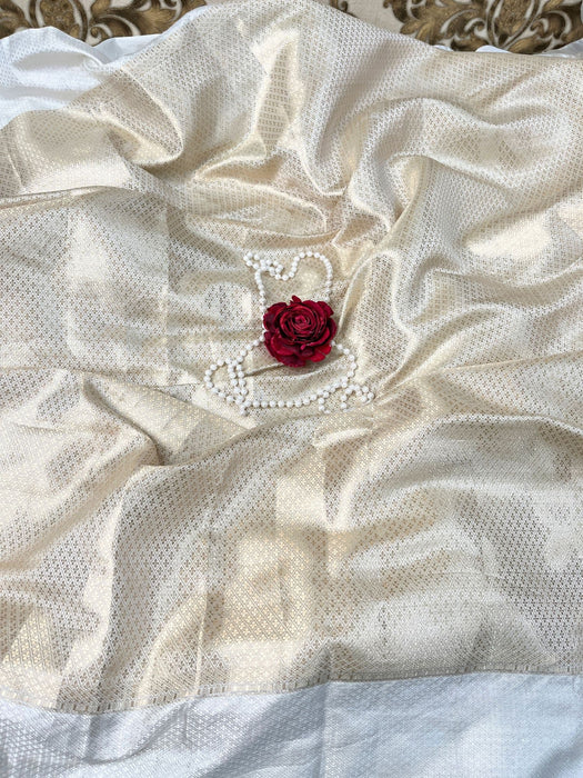 White Pure Raw Mango Katan Banarasi Handloom Saree - Handwork Zardozi