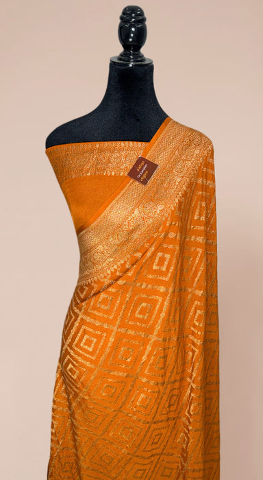 Rust Orange Pure Khaddi Georgette Banarasi Handloom Saree - Antique Zari