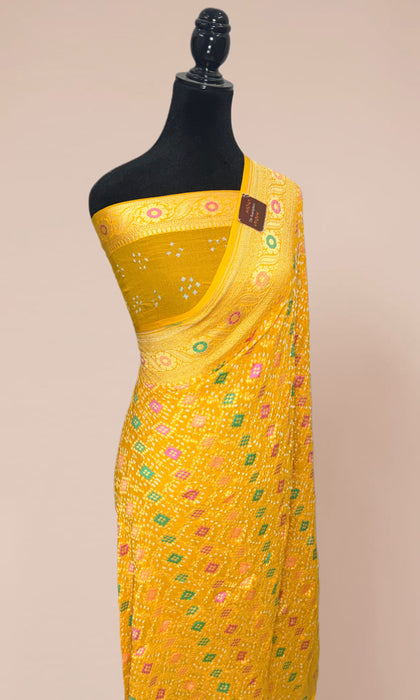 Handwoven Yellow Pure Georgette Bandhani Banarasi Saree - Meenakari Work