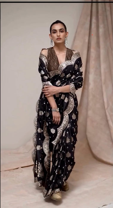 Black Pure Katan Banarasi Handloom Saree - Sona Roopa motifs