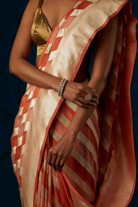 Orange Khaddi Georgette Banarasi Handloom Saree - Hand Rangkat Meenakari