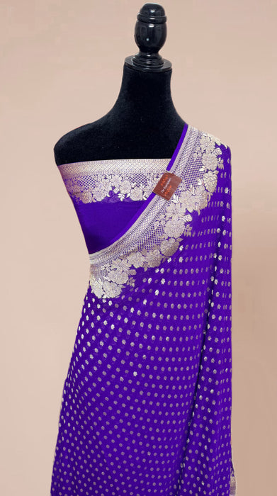 Purple Georgette Banarasi Handloom Saree - Water Zari