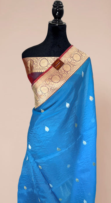 Blue Pure Kora Banarasi Handloom Saree - Sona Roopa Motifs