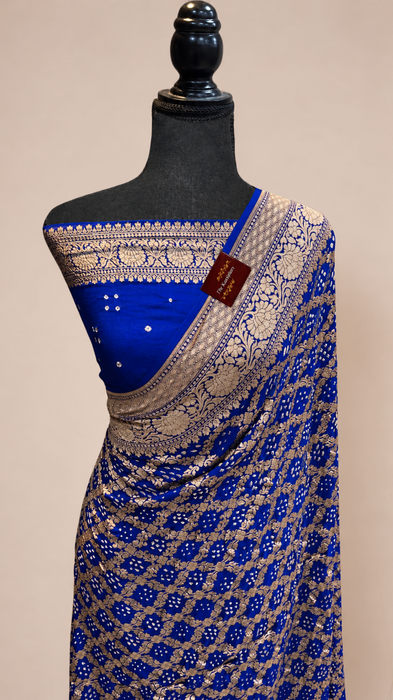 Royal Blue Pure Khaddi Georgette Bandhani Banarasi Saree