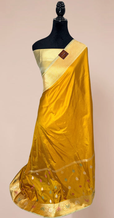 Mustard Pure Katan Banarasi Handloom Saree - Kadhiyal Meenakari Motifs