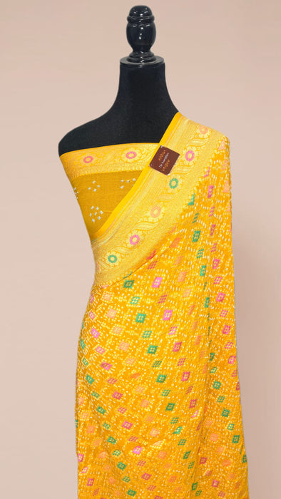 Handwoven Yellow Pure Georgette Bandhani Banarasi Saree - Meenakari Work