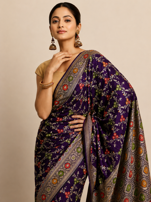 Dark Purple Pure Katan Banarasi Handloom Saree - Meenakari Work
