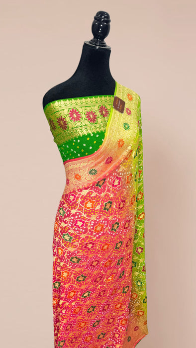 Handwoven Multi shaded Pure Georgette Bandhani Banarasi Saree - Meenakari Work
