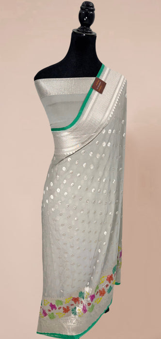 Gray Khaddi Georgette Banarasi Handloom Saree - Hand Filled Meenakari