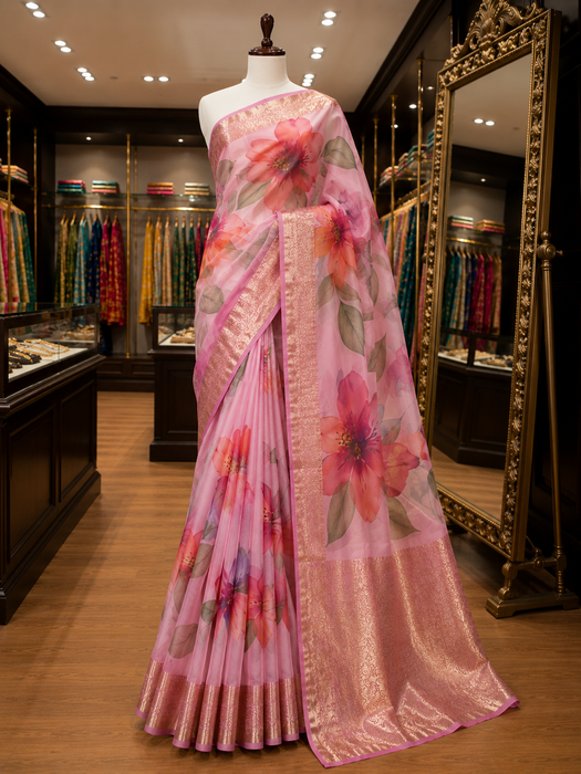 Pink Pure Banarasi Organza Handloom Saree - Floral Print