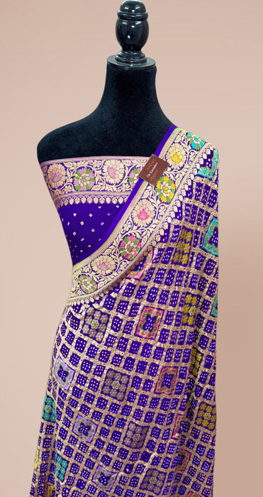Handwoven Purple Pure Georgette Bandhani Banarasi Saree - Meenakari Work