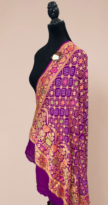 Purple Pure Georgette Bandhani Banarasi Handloom Dupatta