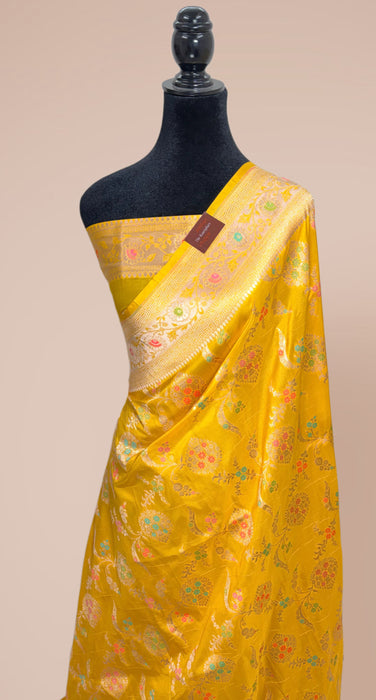 Yellow Pure Katan Banarasi Handloom Saree - Meenakari Jaal Work
