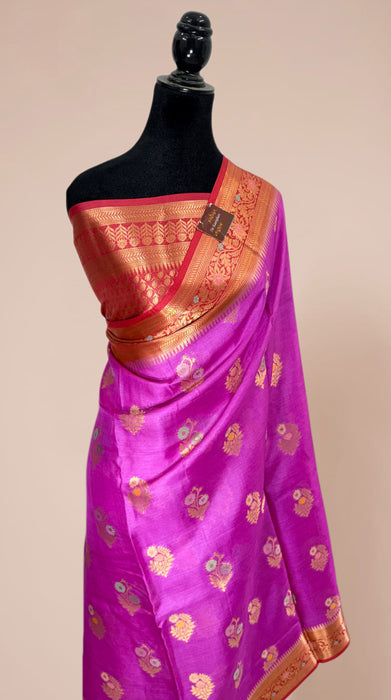 Fuchsia Desi Tussar Banarasi Handloom Saree - Meenakari Motifs