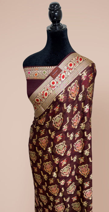 Brown Pure Khaddi Chiffon Banarasi Saree - Meenakari Work