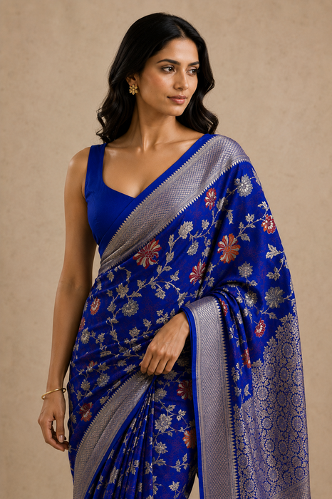Blue Khaddi Georgette Banarasi Handloom Saree - Meenakari