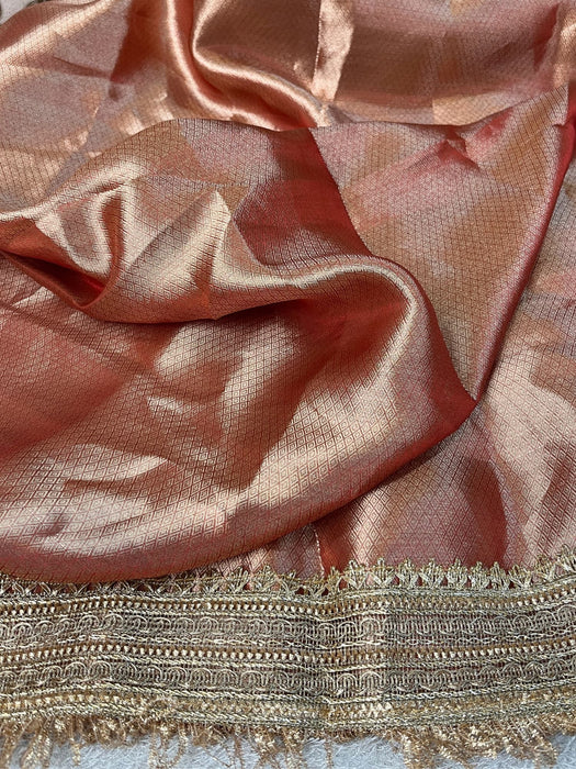 Red Pure Banarasi Tissue Handloom Saree - Handwork