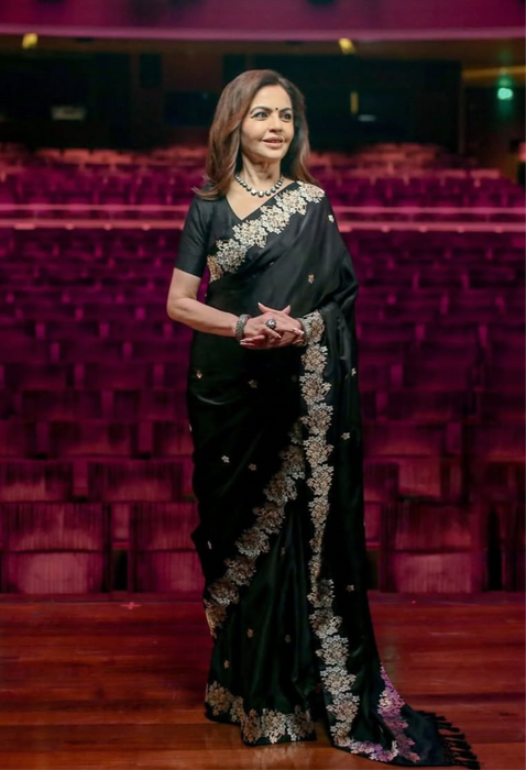 Nita Ambani Black Pure Katan Banarasi Handloom Saree - Sona Roopa Jaal With Motifs