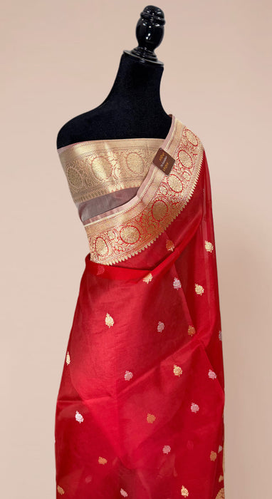Red Pure Kora Banarasi Handloom Saree - Sona Roopa Motifs