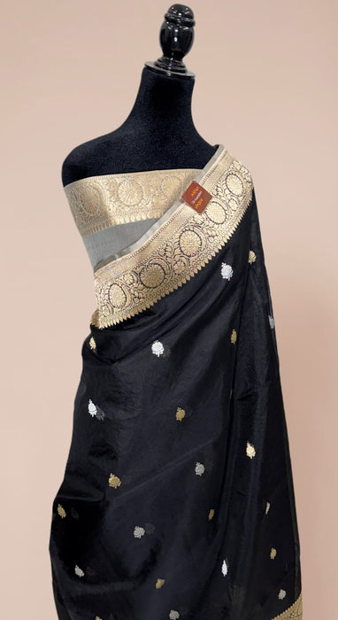 Black Pure Kora Banarasi Handloom Saree - Sona Roopa Motifs