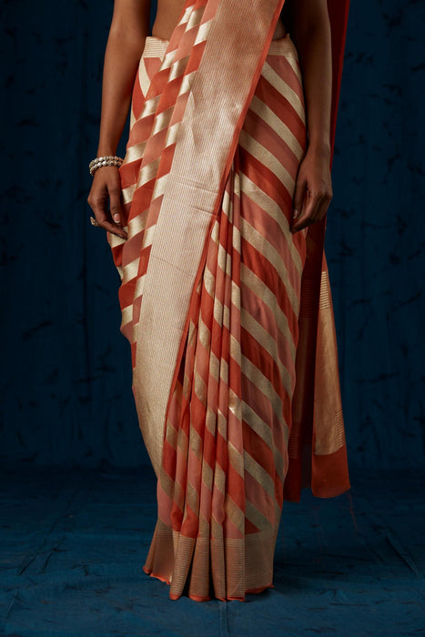 Orange Khaddi Georgette Banarasi Handloom Saree - Hand Rangkat Meenakari
